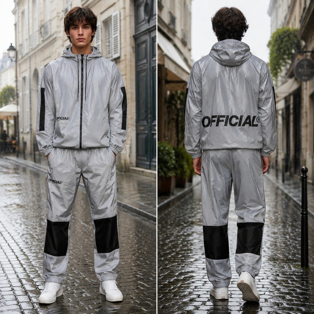 Official Reflective Tracksuit Silver Black Hooded Windbreaker Jacket Pants Set‎